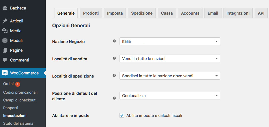 Opzioni generali WooCommerce